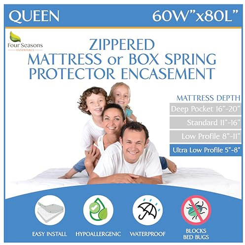 Queen Size Mattress or Box Spring Encasement (5 to 8 Depth) – Low Profile Waterproof Zippered Protector Bed Cover, Noiseless, Machine Washable