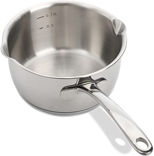 DEAYOU 18/10 Stainless Steel Milk Pot, 750ml Saucepan with Dual Pour Spout, Small Butter Melting Pot, Induction Heavy Bottom Sauce Pan for Stove Top, Soup, Chocolate, 14 cm