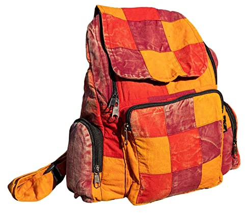 Kunst und Magie Bunter Hippie Rucksack 'No Waist' Stonewashed Nepal Fair, Farbe:Rot/Orange