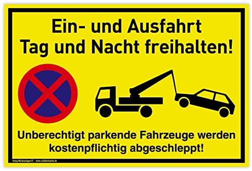 Schild Ein- und Ausfahrt | 30 x 20 cm | wetterfestes PVC-Schild mit UV-Schutz | signalgelb | Tag und Nacht freihalten Unberechtigt parkende Fahrzeuge werden kostenpflichtig abgeschleppt