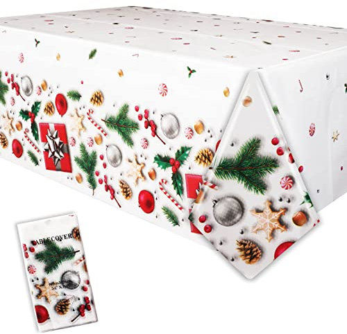 Yiran Large Christmas Plastic Tablecloth Cover (137x274cm) Rectangle Holly Santa Xmas Table Cloth Oilcloth Waterproof Stain-Resistant Christmas Home Garden Office Party Table Decoration Supplies