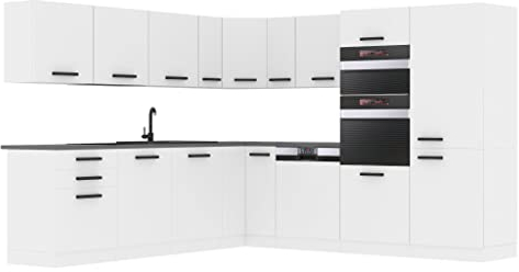 Belini Küchenzeile Küchenblock Küche L-Form Jane Küchenmöbel mit Griffe, Einbauküche ohne Elektrogeräten mit Hängeschränke und Unterschränke, mit Arbeitsplatten, Weiß matt