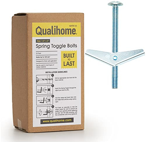 QUALIHOME Spring Toggle Bolt Anchors - Heavy Duty Wall Anchors for Hanging Items w/Hollow Walls & More - Stainless Steel Hollow Wall Anchor for Frames, Shelves, Mirrors & More, 20 Pack (1/4 x 3)