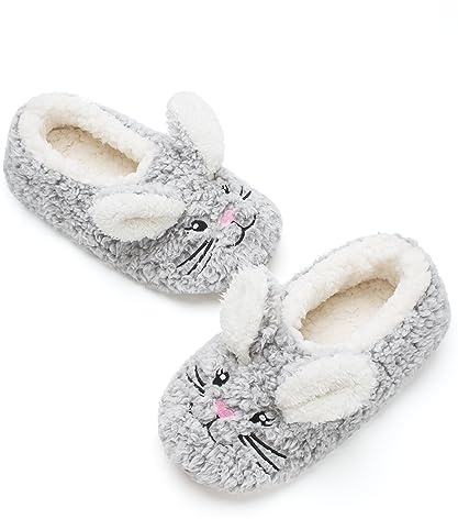 Cozylook Cute Animal Slippers Soft Sole House Slippers Fuzzy Warm Indoor Non Slip Grip Funny Animal Designs, Grey Bunny, 7-8