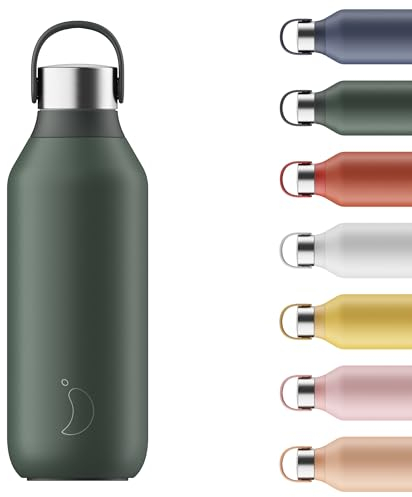 Chilly's Series 2 Water Bottle - Vacuum Insulated Stainless Steel Water Bottle with Soft Collar & Carry Loop, Thermal Flask For Hot & Cold Drinks - Leak Proof, No Sweat - Pine Green, 500ml