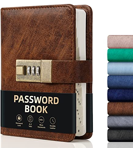 WEMATE Passwortbuch mit Schloss, Passwortbuch mit alphabetischen Registern, 600+ Passwortplatz, Logbuch mit Schloss