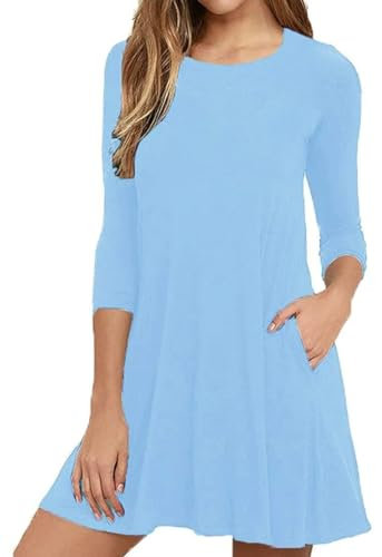 Anelune Women's A-line Tshirt Dress with Pockets, 3/4 Long Sleeve, Knee Length, Round Neck, Autumn Casual Wear Light Blue