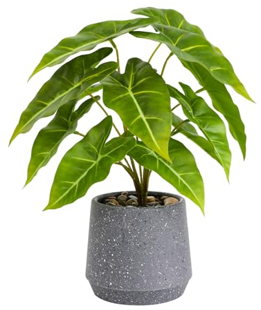 LUWENER Fake Plants Green in Grey Stone Pot,13 tall Faux Potted Plants for Home Office Indoor Artificial Potted Plant for Shelf Table Bathroom Bedroom Decoration (Sea taro leaves)