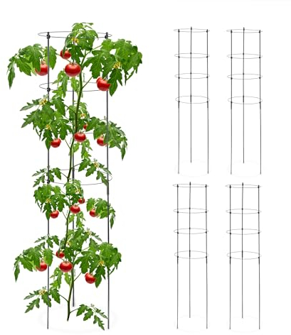Relaxdays Tomatensteun 120 cm Van 5 Rankhilfe, 5er Set, 4 Ringe, HxD 120x28 cm, Blumen & Nutzpflanzen, Metall und Kunststoff, Tomatenturm, schwarz