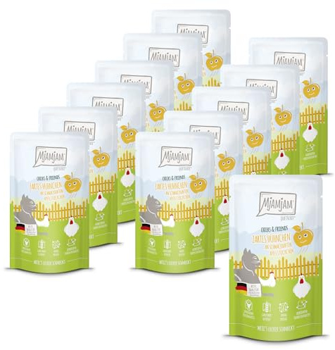 MjAMjAM - Premium Nourriture Humide pour Chats - Quetschie - Chicks & Friends Poulet Tendre aux Savoureux Morceaux de Pomme, Paquet de 12 (12 x 125g), sans céréales