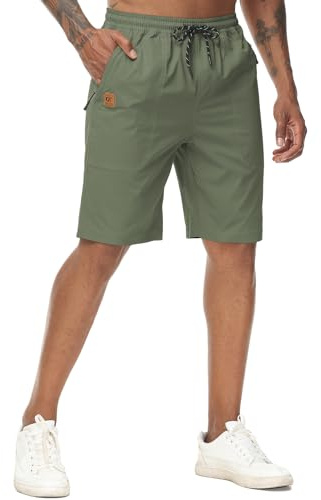 YuKaiChen Men's Shorts Classic Fit Twill Summers Casual Shorts with Zip Pockets Size 40 Army Green