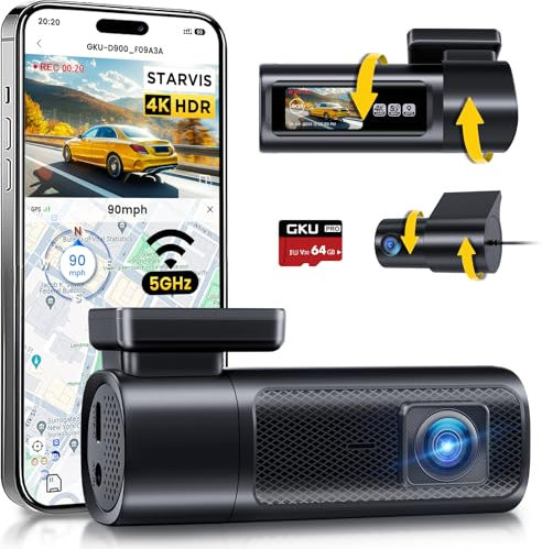 Dash Cam Auto, Doppia 4K 60fps+2.5K, 5G WiFi Telecamera per Auto con SD 64G, Schermo IPS da 1.47', GPS, Super Visione Notturna, G-Sensor, Registrazione in Loop, HDR, 360° Rotabile,Max 512 GB