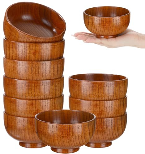 Reallnaive 10 Pcs Jujube Wooden Bowls Small Soup Bowls Round Serving Bowl Wood Salad Bowl Hand Carved Calabash Dip Tray for Popcorn Pasta Candy Cereal Coconut Party Supplies(4.7 Inch)