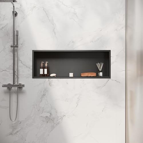 SIRHONA Nicchia da bagno, cuccia da doccia a incasso in acciaio inox, elementi di stoccaggio per la doccia in bagno, 90 x 30 cm, colore: Nero