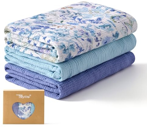 TILLYOU Set di 3 panni in mussola per neonati, 75 x 100 cm, 100% cotone, motivo: fiori blu