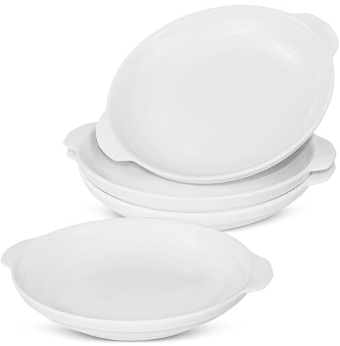 LONTOM Set of 4 Oval Ceramic Baking Dish with Handles,8inch White Porcelain Dinner Plates,Microwave,Oven Safe for Tapas, Lasagne, Quiche, Pies,Dessert,Salad and more