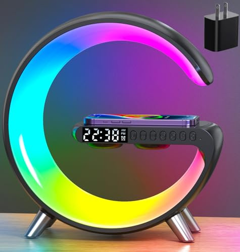 Smart Table Lamp, 15W Wireless Charger Station with LED Atmosphere Lamp, Bedside Night Light, Alarm Clock, Bluetooth Speaker with App Control for Home Decor, Gift for Girls Boys for Birthday Christmas