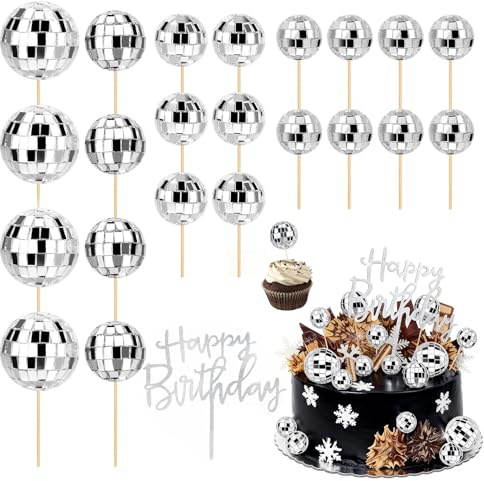 xolear 23 Pcs Discoteca Decorazioni per Torte Palline con Cartello Happy Birthday, 4 Taglie Palline Sfera Cake Topper Mini, DIY Topper Foam Ball Cupcake per Compleanno, Carnevale, Feste (Argento)