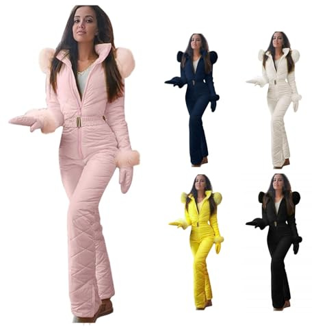 Traje de nieve de una pieza para mujer, impermeable, resistente al viento, trajes cálidos para exteriores, ropa larga para invierno, mamelucos aislados con cinturones y guantes, juego de tres, A-rosa