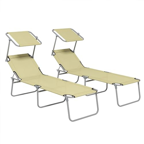 Outsunny Set di 2 Lettini Prendisole da Giardino Pieghevoli con Tettuccio Schienale Regolabile, Sdraio da Giardino in Tessuto Oxford e Metallo, per Spiaggia, Piscina, 187x58x36 cm, Beige