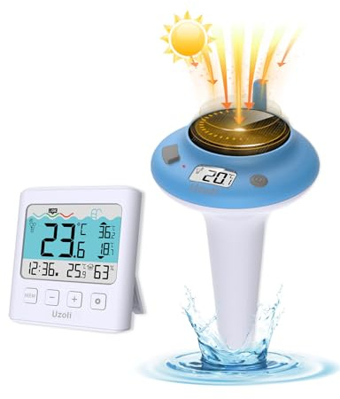 Uzoli EM777UC Thermomètre de piscine flottant, Thermomètre sans fil IPX7 | Thermomètre d'eau pour piscine & jacuzzis, Recharge USB & solaire, Température intérieure, MAX / MIN, Indicateur de confort