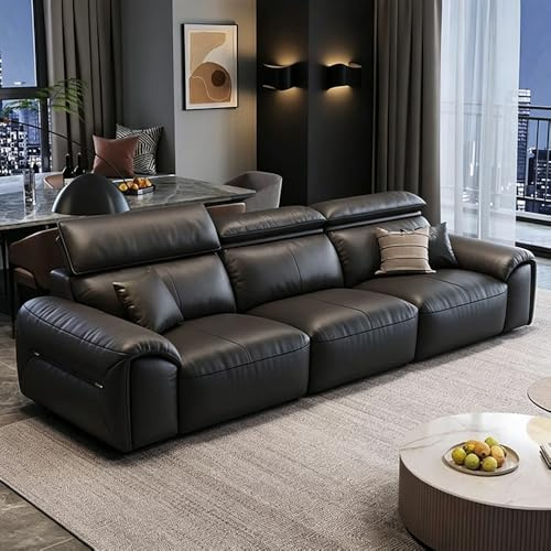 Italiensk modern minimalistisk svart lädersoffa, massiv träram, rymlig och mjuk soffa, modern stor storlek, lämplig för vardagsrum/kontor/lägenhet/hotell.