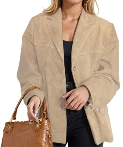 Generisk dam överdimensionerad reverskrage mocka imitation blazer, knappstängning fritidsjacka, kaki, M