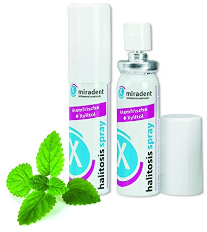 miradent Mundpflegespray halitosis Spray 15 ml | für sofortige langanhaltende Atemfrische | ideal für unterwegs | gegen Mundgeruch | mit Xylitol | zuckerfrei | remineralisierend | kein Alkohol