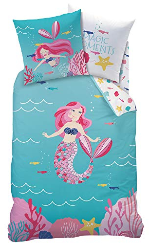 Matt&Rose Meerjungfrauen-Mädchen-Bettwäsche-Set · Ocean Girl · Magische Momente in der Unterwasserwelt, Türkis, Rosa – Kissenbezug 80 x 80, Bettbezug 135 x 200 cm – 100 Baumwolle