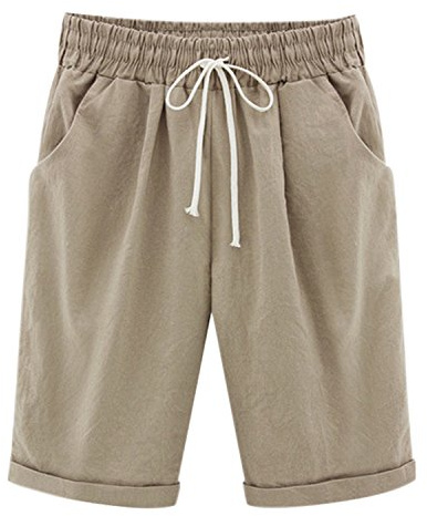 Petalum Women's Casual Summer Shorts Drawstring Elastic Waist Knee Length Curling Jersey Bermuda Shorts(Khaki,Size 22/Tag 6XL)