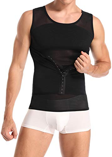 Derssity Mens Compression Shapewear Vest Tops Slimming Chest Tummy Control Body Shaper Undershirts Waist Trainer Posture Corrector(L) Black