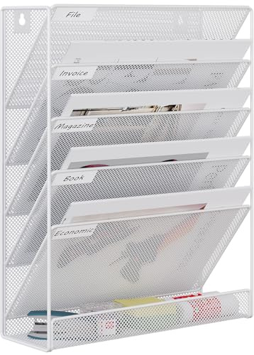 EasyPAG Metal 6 Tier A4 Wall Mounted Document Holder,Hanging Wall File Organiser,Pigeon Holes Storage,In Tray,Magazine Rack for Office & Home,White