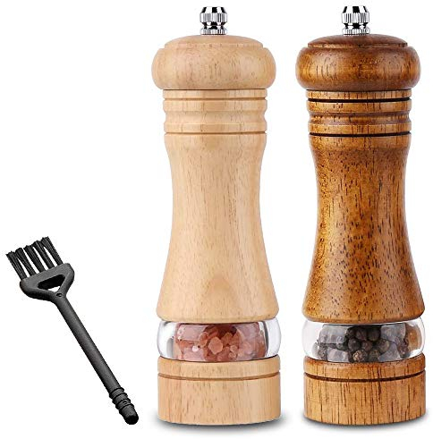 C100AE 2pcs Set Macina Sale e Pepe in Legno, Macinapepe per Spezie in Legno di Quercia,Macina Pepe e Sale,Macinapepe Macinasale Manuale con Meccanismo di Macinazione in Ceramica, H 16.5 CM
