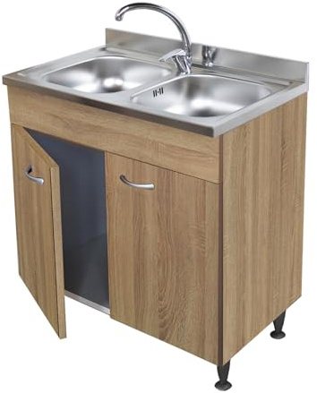 Mueble de cocina de 2 puertas con fregadero inoxidable 80, 2 bañeras y mezclador Paini