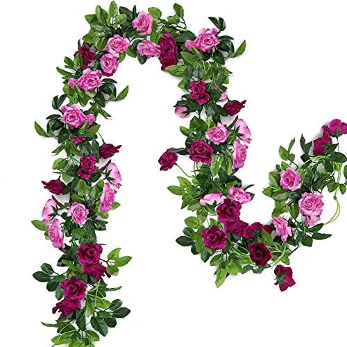 Floweroyal 2 Stück Blumengirlande Künstliche Rosengirlande 15.8FT Gefälschte Rosenranken Seidenblumen Hängend für Hochzeitsbogen Party Heim Garten Mauer Dekor（Magenta）