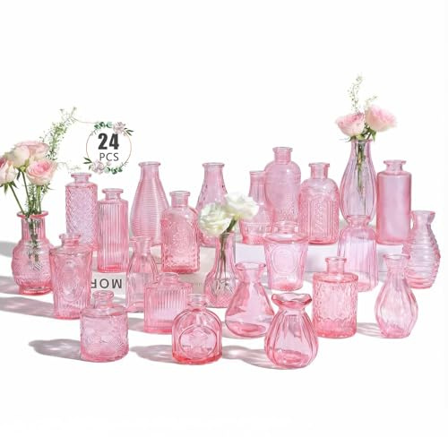 BEAHOT 24 Pack Pink Bud Vases in Bulk,Mini Glass Vintage Vases for Centerpieces,Wedding Decor, Small Flower Vases for Party & Home Decaration,Mother's Day (Pink)