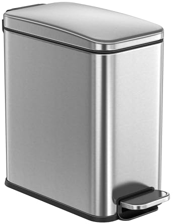 SONGMICS Cestino da Bagno, Pattumiera Compatta da 5 Litri con Coperchio, Pattumiera a Pedale, Sottile per Piccoli Spazi, Acciaio, Chiusura Ammortizzata, Argento LTB560E05