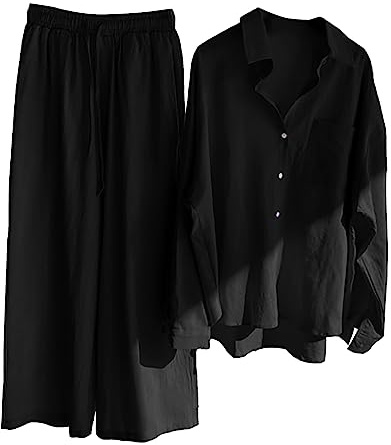 Tvådelad dräkt i ledig stil för damer, byxor och skjorta, bekväm outfit i retrostil, perfekt för vardag, plusstorlek, bomullstyg med knappar, hög midja, lös passform, fickor, byxdress