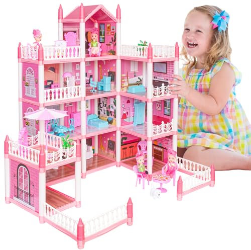 EVERGD Dolls House for Girls, 4 story Pink Grand 11 Rooms Castle Dream House Playset with 3Doll Furniture Accessories Mansion Playhouse Toy Xmas