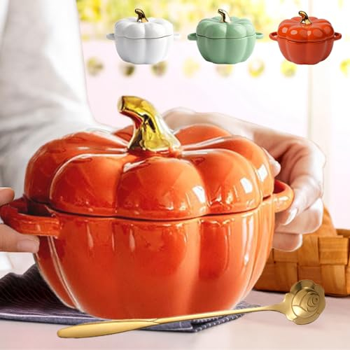 Herbst-Kürbis-Keramikschale mit Deckel, 425 ml, mikrowellen- und spülmaschinenfest, Kürbis-Suppenschüssel mit Griff, Kürbis-Dekor, Vorratsglas für Zuhause, Erntedankfest, Halloween-Party,
