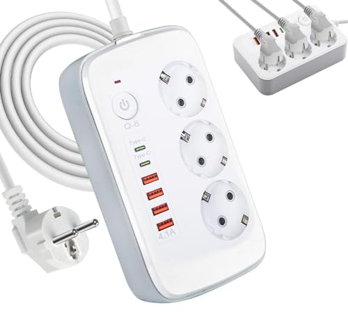 9 in 1 Steckdosenleiste Mehrfachsteckdose mit USB und Verlängerungskabel 2M Schreibtisch Steckdosenadapter Verteilersteckdose mit Schalter für Smartphones, Laptop, iPAD (Weiß)