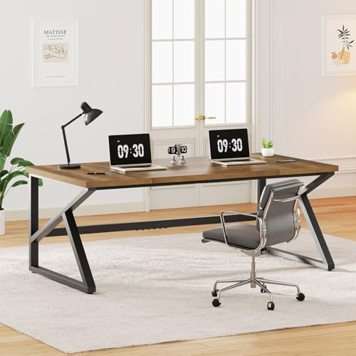 IBF Lange Schreibtische für Heimbüro, großer Metall-Holz-Computertisch für 2 Monitore, 178 cm, 2-Personen-Schreibtisch für Chefarbeit, Schreiben, Studium, Gaming Helle Eiche