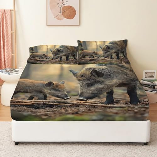 Spannbettlaken 90 x 200 cm Tier Wildschwein Dschungel Muster Spannbetttuch Mikrofaser Bettlaken mit Gummizug für bis 30 cm Matraze Spannbetttuch Dunkelbraun Weiche Mit 2 Kopfkissenbezug 80x80 cm