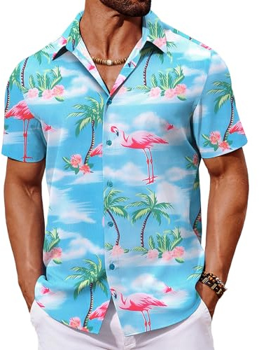 COOFANDY Mens Hawaiian Shirt Short Sleeve Summer Shirts Holiday Funky Hawaii Shirts for Men Flamingo Shirt for Party Flamingo Blue L
