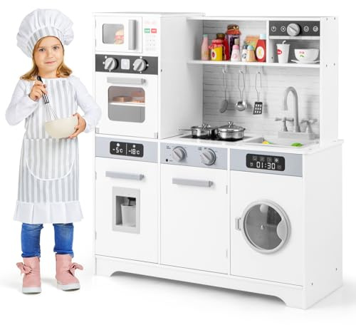COSTWAY Kinderküche Holz, Spielzeugküche mit Waschmaschine, Spüle, Wasserhahn, Wasserspender, Mikrowelle, Ofen, Utensilien, Spielküche mit Licht und Sound, für Kinder ab 3 Jahren