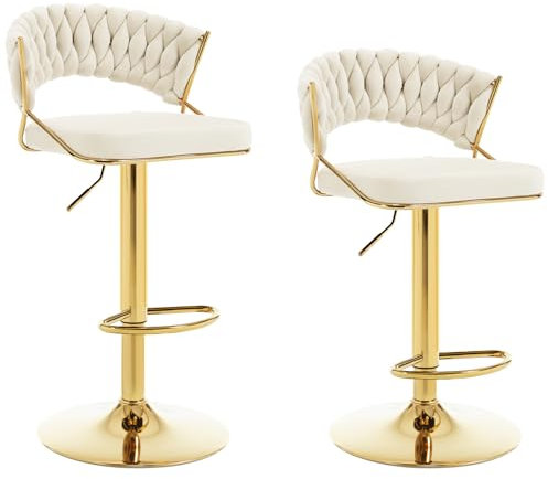 WOLTU Barhocker 2er Set höhenverstellbar, Barstühle 360° drehbar, Küchenhocker mit geflochtener Rückenlehne Fußstütze, Samthocker Metall, Creme, BH427cm-2