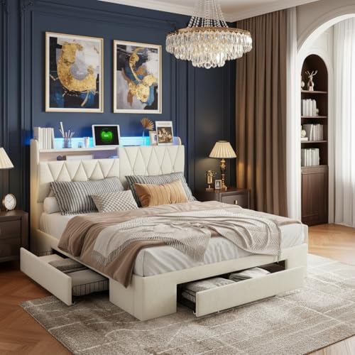 LONELYO ​Lit Double 160x200 cm en Velours Beige avec Sommier à Lattes, Éclairage LED, Ports USB Type-C, Tête de Lit Capitonnée avec Rangement et 3 Tiroirs, Idéal pour Adultes et Adolescents