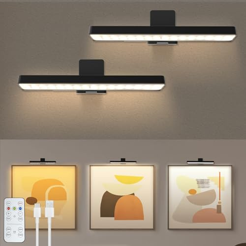 VIGMOJ 2Pack Bildljus Batteri drivs med fjärrkontroll, LED-målningsljus för konst med 3 belysningsfärger och dimbar, LED-konstskärm Accent på väggen för bilder Dartboard fotoram Porträtt