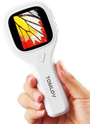 TOMLOV P10 Evo Microscope Portable pour Enfants et Adultes, Loupe avec Lumière pour Insectes, Plantes, Pièces et Bijoux, Microscope de Poche avec Écran IPS 2 pour Windows/macOS – Blanc