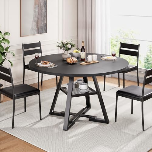 Jocoevol Esstisch Runder für 2–4 Personen, Esszimmertisch mit Ablage, platzsparender Küchentisch aus Holz im Industrial Design (Schwarz, 107x107x76cm)